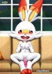 1girl bbmbbf blush breasts dildo dildo_in_vagina female_pokemon masturbation nintendo nude palcomix pokemon pokepornlive pussy_juice red_eyes scorbunny white_fur