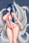 ahri ass blue_hair breasts cyan_eyes fox fox_ears hair huge_breasts league_of_legends sling_bikini tail wide_hips