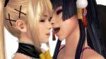 2girls 3d bare_shoulders black_hair blonde blonde_hair bowtie closed_eyes dead_or_alive dead_or_alive_5 detached_collar eyeshadow female hair hair_ornament hairclip hime_cut incipient_kiss lips long_hair looking_at_another love makeup marie_rose mole multiple_girls neck nyotengu open_mouth purple_eyes team_ninja tecmo tongue tongue_out twintails yuri