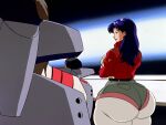  2_girls arms_crossed black_eyes blue_hair brown_hair butt_expansion gigantic_ass jacket maya_ibuki misato_katsuragi neon_genesis_evangelion photoshop the_tits_of_mio unhappy 