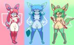  &lt;3 1girl 2020 4_fingers absurd_res annyglaceon_(mintyspirit) anthro big_breasts blue_body blue_eyes blue_fur blue_hair blue_nipples breasts brown_eyes brown_nipples clothing digital_media_(artwork) eeveelution embarrassed eyewear fingers fur genitals glaceon glasses grass green_hair group hair hands_behind_head high_res ice javisylveon_(mintyspirit) leafeon legwear long_hair mammal mintyspirit mostly_nude nintendo nipples pink_hair pink_nipples plant pok&eacute;mon pok&eacute;mon_(species) pok&eacute;morph pussy ribbons short_hair smile stockings sunnyleafeon_(mintyspirit) sylveon symbol thick_thighs video_games white_body white_fur wide_hips yellow_body yellow_fur 