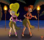 2girls anthro atomic_betty beach big_hair bigtyme blonde_hair breasts cleavage coconut_bra dancing disney dog ear_rings female flower furry goof_troop grass_skirt green_eyes hair hula hula_skirt lei long_hair milf mole multiple_girls peg_pete skirt smile tanya_barrett water wide_hips