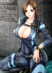 1girl ass big_breasts blush bodysuit breasts brown_hair cameltoe capcom cleavage clothed_female curvy erect_nipples female_focus female_only green_eyes hand_on_hip harness headset high_res high_resolution hips huge_ass huge_breasts human impossible_clothes jill_valentine long_hair looking_at_viewer mature_female navel plump ponytail resident_evil resident_evil_revelations shiny_clothes sign size_hermitage skin_tight solo_female solo_focus squat squatting thick_thighs thigh_strap thighs video_game_character video_game_franchise watch wet wide_hips