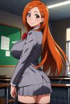  1girl big_breasts black_thighhighs bleach blush breasts brown_eyes classroom desk female_only grey_jacket grey_skirt hair_ornament hairclip high_res indoors inoue_orihime jacket long_hair looking_at_viewer looking_back metadata_request miniskirt moai_(artist) model_request orange_hair pleated_skirt school_desk school_uniform skirt smile stockings 