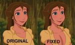 before_and_after big_breasts breasts cleavage disney edit female female_only fixed jane_porter large_breasts nipples_visible_through_clothing no_bra original shirt_open tarzan