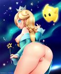  1girl ass blonde_hair blue_eyes blush breasts censored chiko_(mario) crown earrings hair_over_one_eye jewelry looking_at_viewer looking_back mosaic_censoring nail_polish neocoill nintendo nipples open_mouth princess pussy rosalina rosetta_(mario) shaved_pussy super_mario_bros. super_mario_galaxy wand 