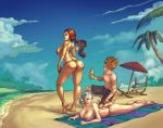 1boy 2_girls areola ass ass_grab beach blonde_hair breasts cutesexyrobutts gijinka humanization humanized kingler klefki lying magmortar multiple_girls nipples on_stomach pokemon red_hair shiny shiny_skin standing topless twin_braids white_hair