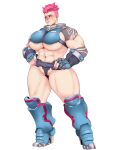 1girl abs big_breasts blizzard_entertainment blush breasts embarrassed highres huge_breasts muscle muscular_female muscular_legs nervous overwatch short_hair sundown sunnysundown sweat thick_legs thick_thighs tight_clothing video_games zarya