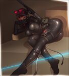 1girl 2021 ass assassin black_bodysuit black_hair black_ops_assassin bodysuit breasts fully_clothed gun half-closed_eyes half-life justrube night_vision_goggles pistol red_eyes rube silencer skintight_bodysuit tactical_gear tan_skin thick_ass thick_thighs thighs valve