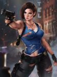  1girl abs alluring athletic_female big_breasts blue_eyes breasts brown_hair capcom clothed clothed_female clothing dandon_fuga female_abs female_abs_visible_through_clothing female_focus female_only fit fit_female gun high_res high_resolution holding_gun holding_weapon jill_valentine mature mature_female navel necklace nipples patreon patreon_paid patreon_reward resident_evil resident_evil_3 resident_evil_3_remake shirt short_hair solo_female solo_focus toned toned_female torn_clothes video_game_character video_game_franchise 