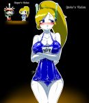 1girl big_breasts black_background blue_eyes breasts cameltoe cave_story cleavage curly_brace erect_nipples female female_focus gblastman headphones looking_away male nipples one-piece_swimsuit quote robot robot_boy robot_girl school_swimsuit solo_focus swimsuit yellow_hair