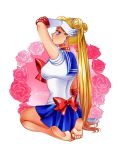 1girl arm_support arm_up art babe bare_legs barefoot bishoujo_senshi_sailor_moon blonde blonde_hair blue_eyes blue_skirt bow choker cloveras double_bun dress earrings elbow_gloves feet floral_background flower full_body gloves grin hair_ornament high_res jewelry legs long_hair looking_at_viewer looking_back magical_girl naughty_face pink_rose pleated_skirt red_bow red_ribbon ribbon rose sailor_moon school_uniform serafuku shiny shiny_hair sitting skirt smile tsukino_usagi twin_tails usagi_tsukino white_gloves