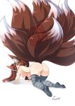 1girl 1girl 1girl all_fours animal_ear_fluff animal_ears areola ass big_breasts breasts brown_hair elquijote erect_nipples female_only female_solo fox_girl fox_tail full_body hanging_breasts kitsune kitsunemimi looking_at_viewer looking_back ninetails_youkai nipples nude original stockings striped striped_legwear striped_thighhighs tail