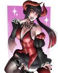  1girl bandai_namco bangs black_hair dangerousbride dress eliza_(tekken) fangs female_only fighting_game grin horned_female horned_humanoid horns long_hair looking_at_viewer namco namco_bandai orange_eyes purple_lipstick red_highlights slit_pupils smiling_at_viewer solo_female stockings tattoo tekken tekken_7 tekken_revolution twitter vampire very_high_resolution video_game video_game_character video_game_franchise video_games 