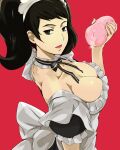  1girl artificial_vagina bangs big_breasts black_bow black_eyes black_hair bow breasts cafekun choker cleavage collarbone commentary_request cum frilled_choker frilled_sleeves frills hair_strand high_res long_hair looking_at_viewer looking_back maid maid_headdress onahole open_mouth persona persona_5 puffy_short_sleeves puffy_sleeves red_background revision sadayo_kawakami short_hair short_sleeves twin_tails upper_body white_bow 