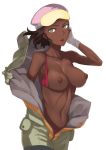 1girl areolae bodysuit bra breasts brown_hair commentary_request dark-skinned_female dark_nipples dark_skin female gloves green_eyes gundam gundam_g_no_reconguista hair hamushima hat large_breasts looking_at_viewer navel nipples open_clothes panties photoshop_(medium) red_bra red_panties short_hair simple_background solo steer_(gundam) toned underwear white_background