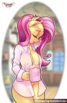 alpha_channel big_breasts bottomless breasts closed_eyes clothed clothing coffee coffee_mug creamygravy cup cutie_mark equine female fluttershy friendship_is_magic fur hair half-dressed hi_res hooves horse inside long_hair mammal mrwes326 my_little_pony open_shirt outline pink_hair pony shirt solo standing yellow_fur