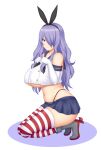  big_breasts blush camilla_(fire_emblem) cosplay crossover_cosplay fire_emblem kantai_collection keshigomu kneel looking_at_viewer mature_female purple_hair shimakaze_(kantai_collection) shimakaze_(kantai_collection)_(cosplay) short_skirt stockings striped_legwear thong under_boob 