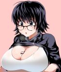 1boy 1girl :o bar_censor between_breasts big_breasts black_eyes black_hair bra breasts censored clothing cum cum_on_breasts facial glasses hunter_x_hunter open_mouth paizuri penis shirt shirt_lift shizuku_(hunter_x_hunter) shizuku_murasaki short_hair surprised sweater tank_top turtleneck turtleneck_sweater