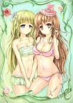  2girls absurd_res adjusting_hair arm arms art babe bare_legs bare_shoulders bikini bikini_skirt blonde blonde_hair blue_eyes blush breasts brown_hair cleavage collarbone female flower green_bikini green_swimsuit hair hat headgear high_res legs long_hair looking_at_another looking_at_viewer love mafuyu_(867208837) midriff multiple_girls navel neck original original_character pink_bikini pink_swimsuit purple_eyes rose smile standing strapless strapless_bikini strapless_swimsuit swimsuit tubetop yuri 