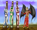   4_girls auction blonde_hair blue_hair bound_wrists brunette elf green_hair lingerie microphone slave_auction succubus whip  