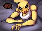 2014 animatronic avian bird breasts chicken cleavage clothed clothing english_text female five_nights_at_freddy's five_nights_at_freddy's_2 jaeh machine mechanical robot smile solo text toy_chica