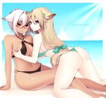  2_girls all_fours animal_ears aqua_bikini aqua_eyes art babe bare_legs beach big_breasts bikini black_bikini blonde_hair breast_grab breasts cloud dark_skin english female girl_on_top glasses hair_ornament happy_birthday high_res horizon interracial lavender_hair long_hair low-tied_long_hair multiple_girls muryou navel o-ring_bikini o-ring_top ocean outside phantasy_star phantasy_star_online_2 red-framed_glasses red_eyes semi-rimless_glasses short_hair sitting sky smile sunlight sweatdrop swimsuit under-rim_glasses yuri 