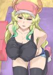 1girl :d bare_shoulders baseball_cap black_eyes black_legwear black_tank_top blue_shorts blush breast_hold breasts cafekun cleavage cum cum_on_body cum_on_breasts cum_on_upper_body denim denim_shorts dragon_girl dragon_horns female_only from_above green_eyes green_hair hat heterochromia high_res horns huge_breasts kneel long_hair looking_at_viewer miss_kobayashi's_dragon_maid multicolored multicolored_eyes multicolored_hair open_mouth paizuri paizuri_under_clothes pink_footwear pink_hat quetzalcoatl_(dragon_maid) short_shorts shorts slit_pupils smile stockings tank_top wavy_hair yellow_pupils