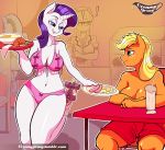  2015 3girls anthro anthrofied applejack being_watched blonde_hair blue_eyes blush chair cleavage clothed clothing creamygravy croissant drinking_straw earth_pony egg equine eye_contact eyeshadow female female/female female_only food freckles friendship_is_magic green_eyes group hair highres holding horn horse long_hair makeup mammal milkshake_(food) my_little_pony navel orange_skin partially_clothed plate pony purple_hair rarity rollerskates sausage sitting smile topless unicorn web_address white_skin yuri 