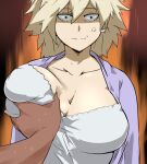 1boy 1girl anger_vein angry big_breasts blonde_hair breast_grab breast_lift breast_squeeze breasts brown_eyes cafekun cleavage close-up clothed collarbone huge_breasts imminent_death looking_at_viewer male_pov milf mitsuki_bakugou my_hero_academia orange_background pale-skinned_female pale_skin pov shirt short_hair smile straight sweat tan-skinned_male tan_skin