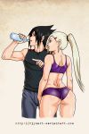  1boy 1girl ass black_eyes black_hair blonde blonde_hair blue_eyes bottle couple drink gym gym_uniform high_res highres ino_yamanaka long_hair looking_at_another midriff naruto naruto_shippuden open_mouth pointing ponytail r3ydart sasuke_uchiha short_hair smile standing 