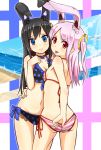  2_girls 2girls :d :p animal_ears art bikini black_hair blue_eyes breasts bunny_ears choker cleavage female hair_ornament hugging long_hair looking_at_viewer looking_back multiple_girls naughty_face navel open_mouth original pink_hair red_eyes seraphwia smile swimsuit tongue tongue_out yuri 