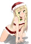 1girl bare_arms bare_legs bell blonde_hair blush breasts christmas cleavage green_eyes hands_on_floor hat highres lillie lillie_(pokemon) long_hair looking_to_the_side muoto navel pokemon pokemon_(game) pokemon_sm santa_costume santa_hat simple_background solo squatting twitter underwear white_background