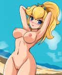 1girl armpits arms_up beach big_breasts blonde_hair blue_eyes blush breasts crown female_only hairless_pussy huge_breasts long_hair navel nintendo nipples nude princess princess_peach pussy sigurd_hosenfeld sigurdhosenfeld super_mario super_mario_bros. uncensored