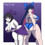 2_girls artist_name ass big_breasts bikini black_hair blue_hair creepy_susie crossover female_only goth long_hair looking_at_viewer panty_&_stocking_with_garterbelt purple_background ribbon roby_creep short_hair stocking_(psg) stocking_anarchy the_oblongs two_tone_hair wedgie white_border