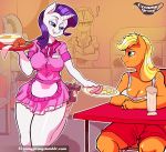 2015 anthro anthrofied applejack being_watched blonde_hair blue_eyes blush chair cleavage clothed clothing creamygravy croissant drinking_straw earth_pony egg equine eye_contact eyeshadow female food freckles friendship_is_magic green_eyes group hair hi_res holding horn horse long_hair makeup mammal milkshake_(food) my_little_pony orange_skin plate pony purple_hair rarity rollerskates sausage sitting smile unicorn web_address white_skin