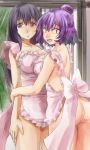 2girls apron art ass babe back bare_legs bare_shoulders big_breasts black_hair breast_press breasts fangs hair hair_bun large_breasts legs long_hair looking_at_viewer looking_back m.u.g.e.n multiple_girls naked_apron open_mouth original purple_eyes purple_hair red_eyes sendai_hakurei_no_miko short_hair smile snake-eyed_kanako standing symmetrical_docking touhou yasaka_kanako yohane yuri