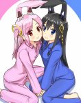  2_girls 2girls animal_ears art barefoot black_hair blue_eyes bunny_ears cheek-to-cheek female hair_ornament hand_holding long_hair looking_at_viewer multiple_girls original pajamas pink_hair red_eyes seraphwia sitting smile wariza yuri 