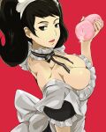  1girl 1girl artificial_vagina bad_id bad_pixiv_id bangs big_breasts black_bow black_eyes black_hair bow breasts cafekun choker cleavage collarbone cum frilled_choker frilled_sleeves frills high_res long_hair looking_at_viewer looking_back maid maid_headdress open_mouth persona persona_5 puffy_short_sleeves puffy_sleeves red_background sadayo_kawakami short_hair short_sleeves twin_tails upper_body white_bow 