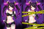 2girls art black_hair blush brave_frontier breasts dual_persona elza_(brave_fromtier) female hair kimmy77 long_hair looking_at_viewer midriff multiple_girls naughty_face navel red_eyes shorts smile solo strapless topless tubetop