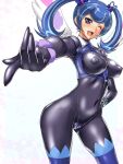 1girl bangs beckoning big_breasts black_bodysuit black_suit blue_angel blue_elbow_gloves blue_eyes blue_gloves blue_hair blue_legwear bodysuit breasts come_hither curvy elbow_gloves erect_clitoris erect_nipple erect_nipples erect_nipples_under_clothes erection erection_under_clothes female_focus female_only gloves hajime_shindo happy long_gloves long_hair looking_at_viewer nipples one_eye_closed pointing pointing_at_viewer pose poser puffy_nipples skin_tight skin_tight_suit skinsuit solo_female solo_focus standing stockings thick_thighs thighs thong twin_tails wink yu-gi-oh! yu-gi-oh!_vrains yuu-gi-ou zaizen_aoi