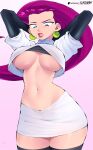  1girl big_breasts blue_eyes clothed clothing flytrapxx jessie_(pokemon) jewelry long_hair looking_down pokemon purple_hair solo_female team_rocket thick_thighs under_boob 