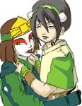 2_girls 2girls avatar:_the_last_airbender bedroom_eyes black_eyes black_hair blind blue_eyes brown_hair facepaint female/female female_only headgear kiss_mark lesbian naughty_face suki toph_bei_fong yuri