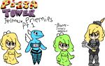  4girls black_eyes blue_skin cheeseslime fish_girl fishnet_legwear forknight green_body knight meme_attire pixel34guy pizza_tower snotty thick_legs winged_anchovy wings worried_expression yellow_body 