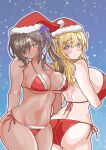  2_girls ass ass_cleavage back back_view bangs bare_shoulders bikini black_hair blonde_hair blush breasts christmas christmas_bikini christmas_outfit cleavage closed_mouth dark-skinned_female eyebrows_visible_through_hair female_only goddess_of_victory:_nikke hair_covering_eye hair_ornament hair_ribbon high_res huge_breasts light-skinned_female long_hair looking_at_viewer looking_back mole mole_under_eye mole_under_mouth naga_(nikke) navel orange_eyes purple_eyes santa_hat side_ponytail sideboob sidelocks smile tia_(nikke) wildcatmalia 