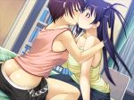  2girls arm_support armpits arms ass bare_legs bare_shoulders bed big_breasts blue_hair blush bookshelf breasts butt_crack camisole closed_eyes denim denim_shorts downpants dutch_angle female game_cg hair highres hugging indoors jeans kanagi-inmu_gakuen kissing kneeling large_breasts legs long_hair looking_at_another love multiple_girls no_bra no_panties off_shoulder pants purple_hair red_eyes room sayama_makoto senbata-rou shiny_hair shiny_skin shirt short_hair shorts sitting strap_slip striped striped_shirt surprised tank_top twintails wariza watase_kanagi yuri 