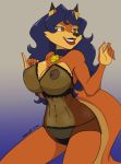 1girl 1girl 2019 anthro big_breasts blue_hair breasts canid canine carmelita_fox choker clothing digital_media_(artwork) ear_piercing fox fur furry hair huge_breasts lingerie mammal nightgown nipples panties piercing simple_background sly_cooper_(series) smile stogiegoat translucent transparent_clothing underwear video_games