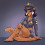 1girl 1girl anthro badge barefoot belt blue_eyes breasts brown_fur cat cleavage clothed clothing felina_feral feline fur hair hat high_res looking_at_viewer mammal midriff multicolored_hair navel plagueofgripes police_uniform simple_background sitting smile swat_kats two_tone_hair uniform