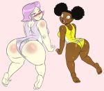 2_girls aeolus ayane_shiun bent_over big_ass black_hair blush bubble_butt feet leotard looking_at_viewer looking_back mouse_(porkchop_'n_flatscreen) on_all_fours pink_hair porkchop_'n_flatscreen shiny shiny_skin smile wide_hips