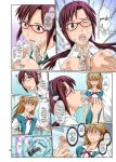  1boy 2girls asuka_langley_souryuu blush censored comic cum cumshot facial glasses kneel licking mari_illustrious_makinami neon_genesis_evangelion nipples paizuri redhead school_uniform shinji_ikari skirt sucking 